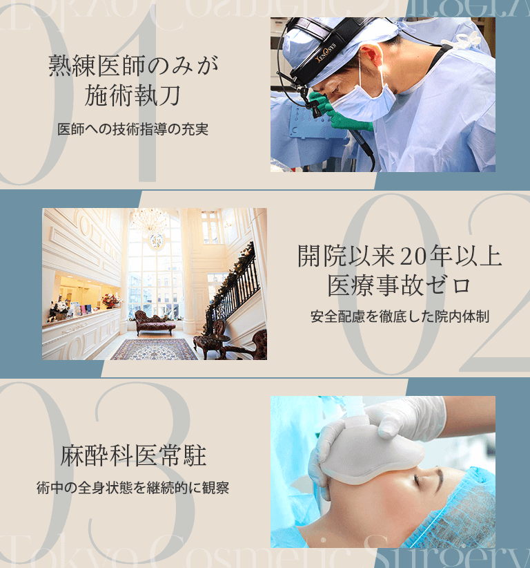 熟練医師のみが 施術執刀（医師への技術指導の充実）/開院以来20年以上 医療事故ゼロ（安全配慮を徹底した院内体制）/麻酔科医常駐（術中の全身状態を継続的に観察）